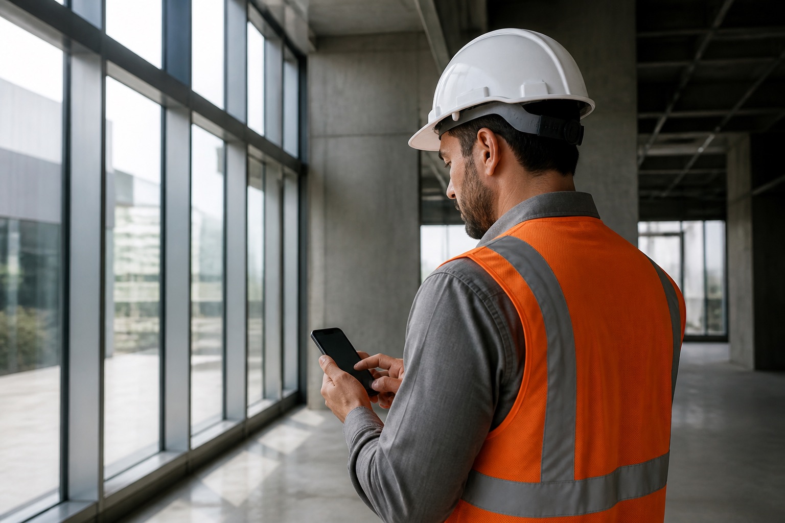 Escena ilustrativa: profesional registrando observaciones con su teléfono durante una inspección de obra